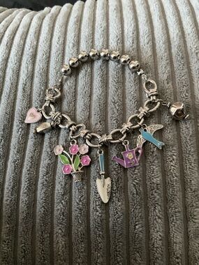 Silver Tone Garden Charm Bracelet with Pink and Blue Enamel Accents